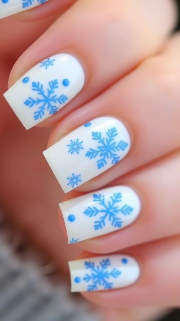 Short nails painted white with blue snowflakes, perfect for Christmas.